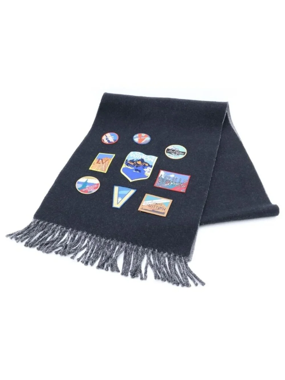 Louis Vuitton Echarpe Nowa le City Alps Logo Patch Fringe Scarf Shawl Black